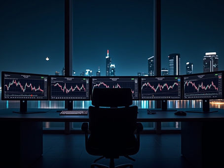 high-tech trading desk overlooking the Dubai skyline at night, displaying glowing cryptocurrency market charts and a "0% Crypto Tax" sign. A South African investor prepares for a financial shift to Dubai, symbolizing tax-free crypto trading opportunities.