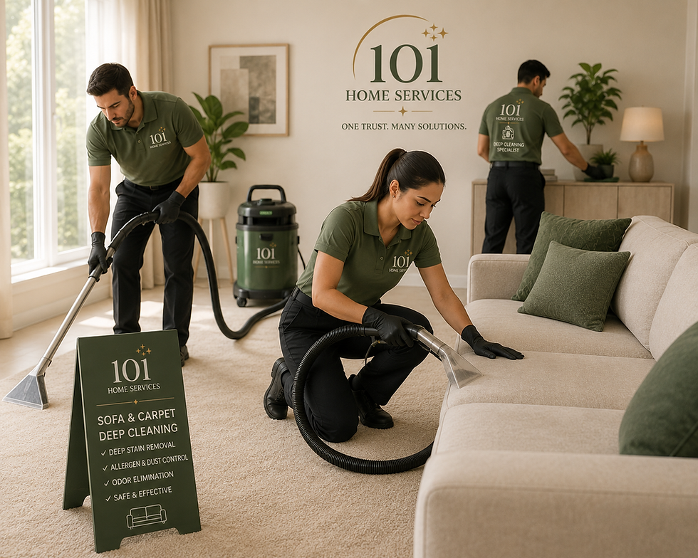 101 Home Services team cleaning sofa and carpet.
