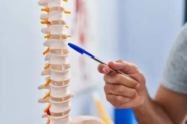 quiropraxista apontando para coluna usando uma caneta