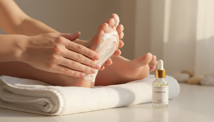 Close-up of hands applying lotion beside bare feet on a soft towel.