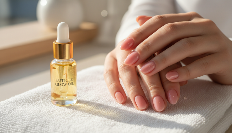 Close-up of glossy gel nails resting beside a soft towel and cuticle oil.