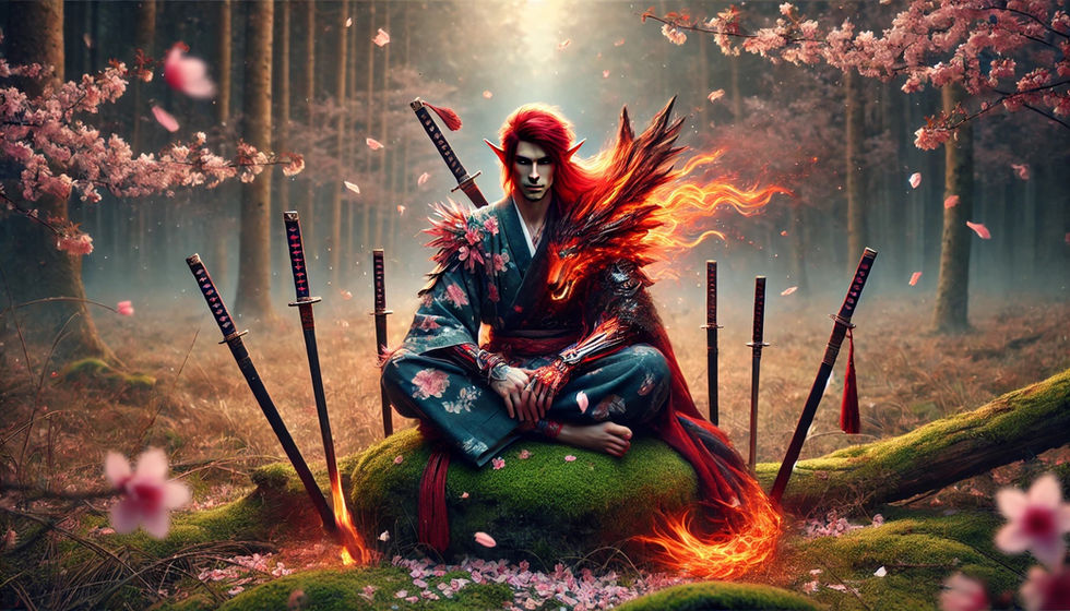 Samurai3 - A serene and mystical forest with sakura petals spreading across the wind, drif