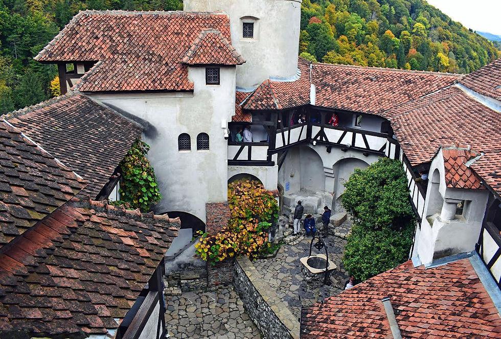 Interior courtyard and timbered walkways at Bran Castle in Romania