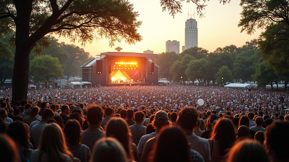 Wide angle view of Zilker Park with festival stages and crowd