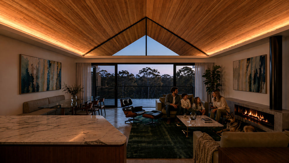 Contemporary raked ceiling living space with balcony and view. Timber lined ceiling and uplighting. Marble benchtop. Contemporary fireplace. Mid century furniture.