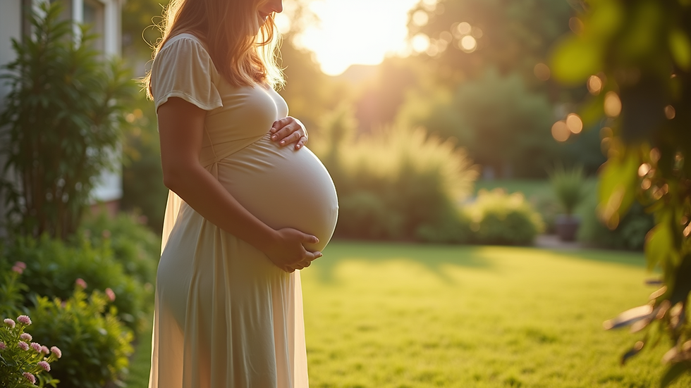 Eye-level view of a pregnant woman standing in a sunlit garden with soft greenery