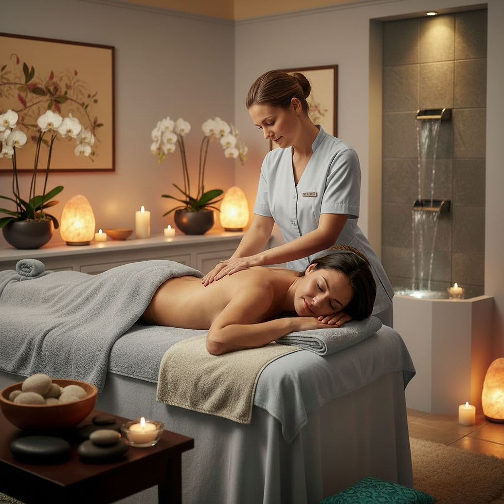 Spa therapist massages a relaxed man on a treatment table in a candlelit room with orchids and a water wall.