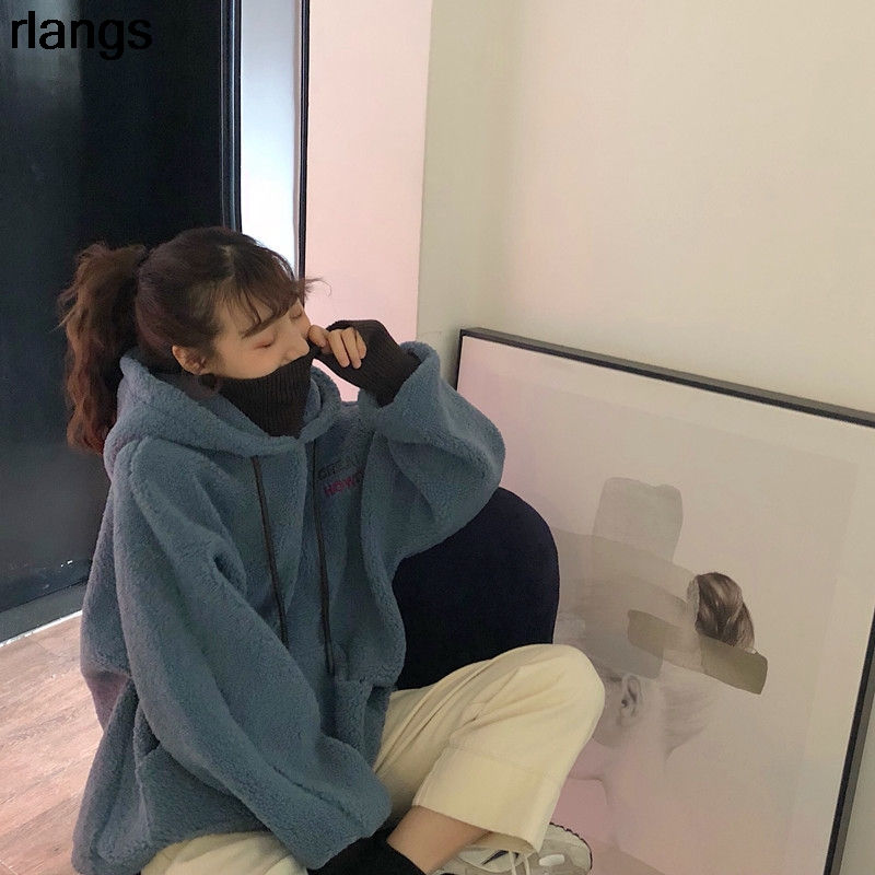 Thumbnail: Korean Loose Lamb Fleece Letter Print Pullover Hoodie