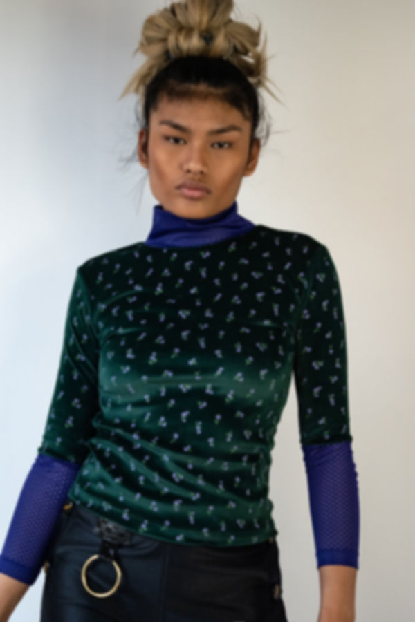 Floral Print/Mesh Combo Turtleneck