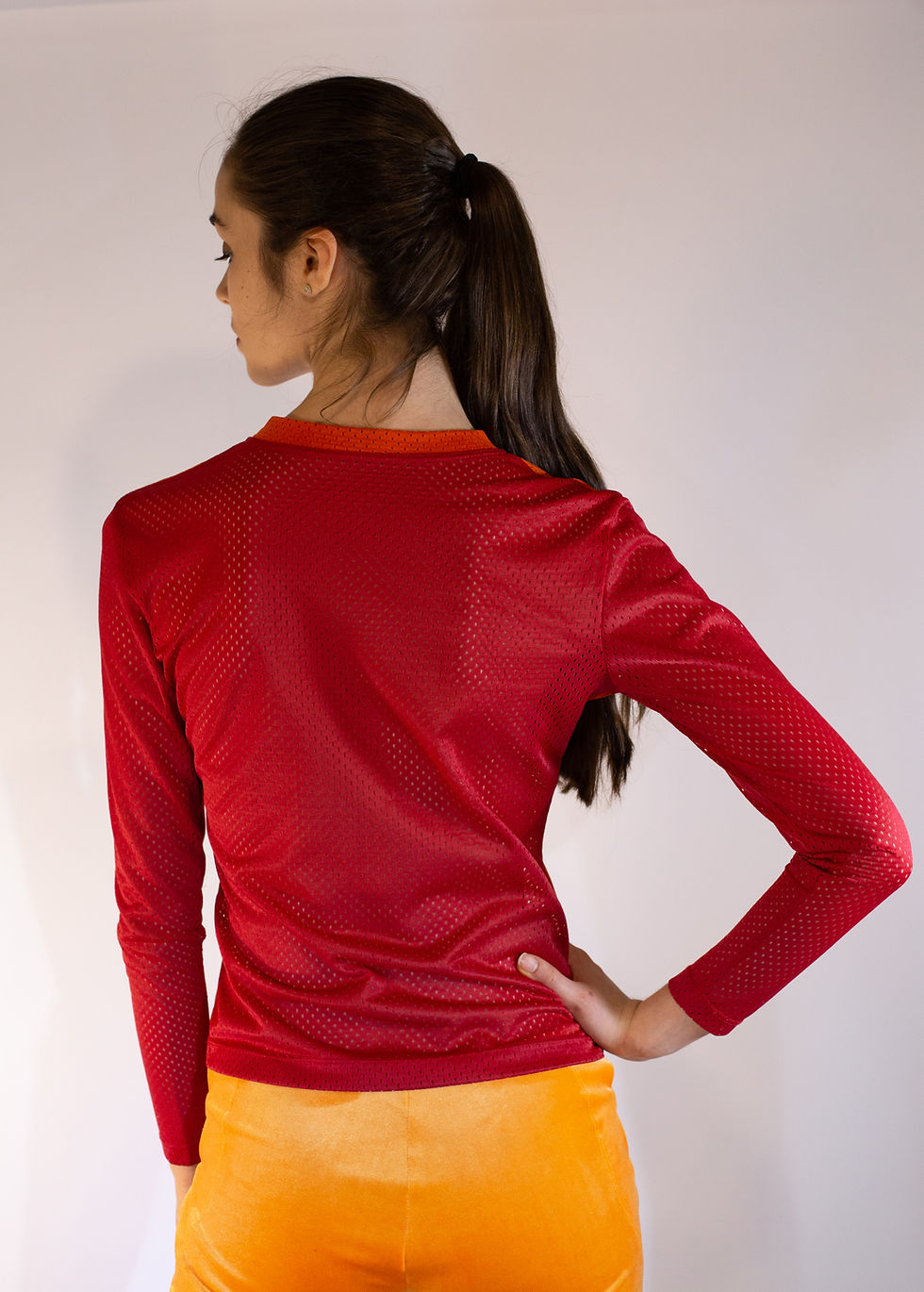 Thumbnail: Genderless Orange/Cherry Mesh Top