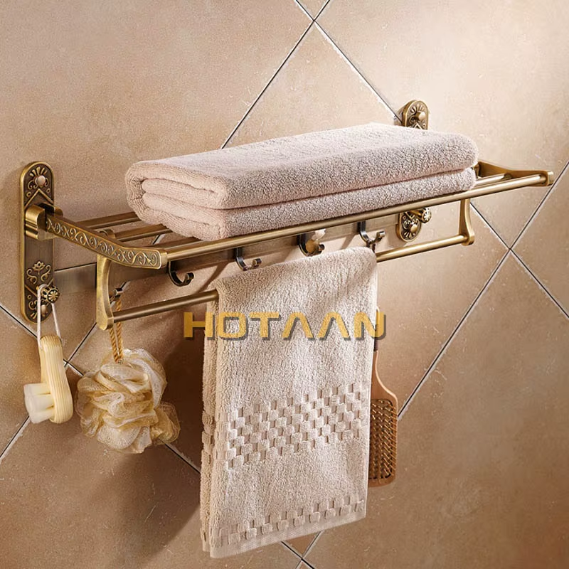 Thumbnail: Foldable Antique Brass Towel Rack, Double Shelf Bathroom Holder with Hooks, Spac