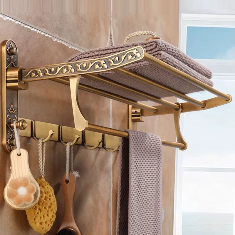 Thumbnail: Foldable Antique Brass Towel Rack, Double Shelf Bathroom Holder with Hooks, Spac