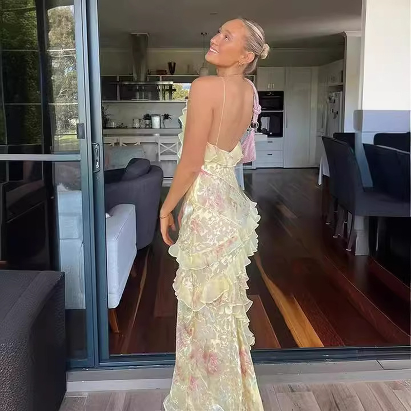 Thumbnail: Spaghetti Straps Sleeveless Dress V-Neck Flounce Backless