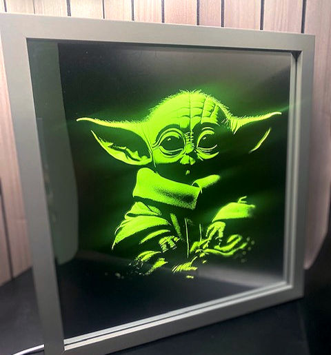 Laser engraved LED lit mirror in sleek box frame
