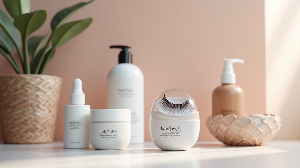 Eye-level view of a clean beauty station with lash care products