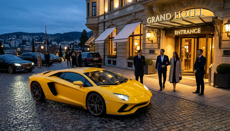 Low-angle view of a yellow luxury supercar parked near an elegant Zurich hotel entrance