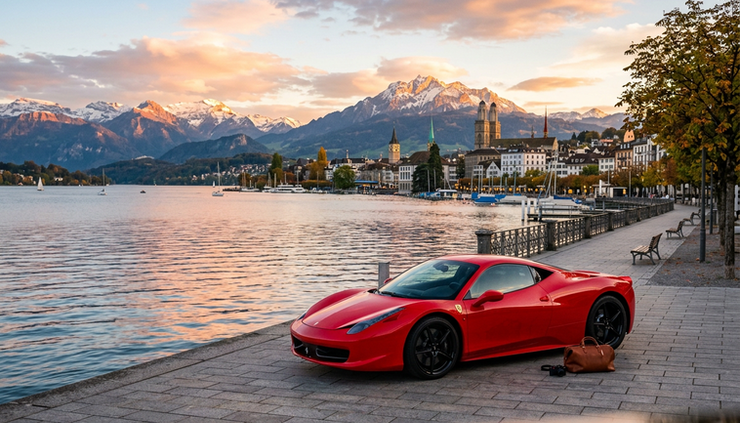 Wide-angle view of a luxury sports car beside Lake Zurich at sunset