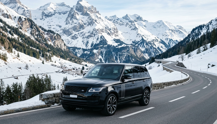 Eye-level view of a black luxury SUV on a Swiss mountain road