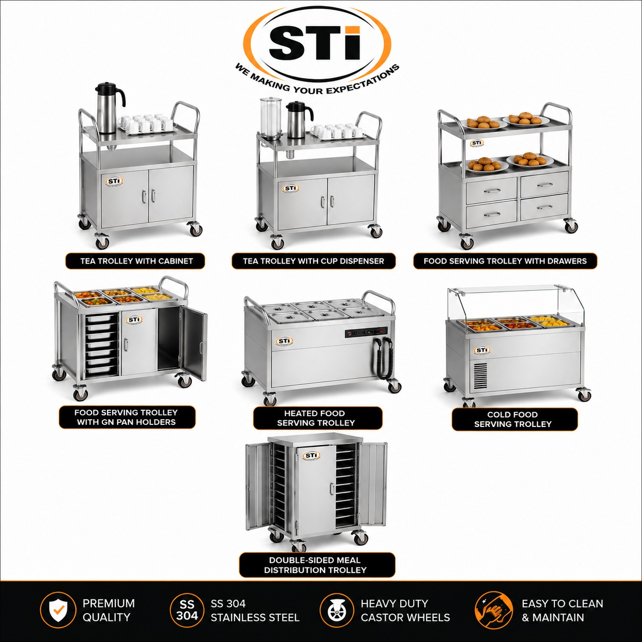 Stainless Steel Food Trolley, Stainless Steen Serving Trolley