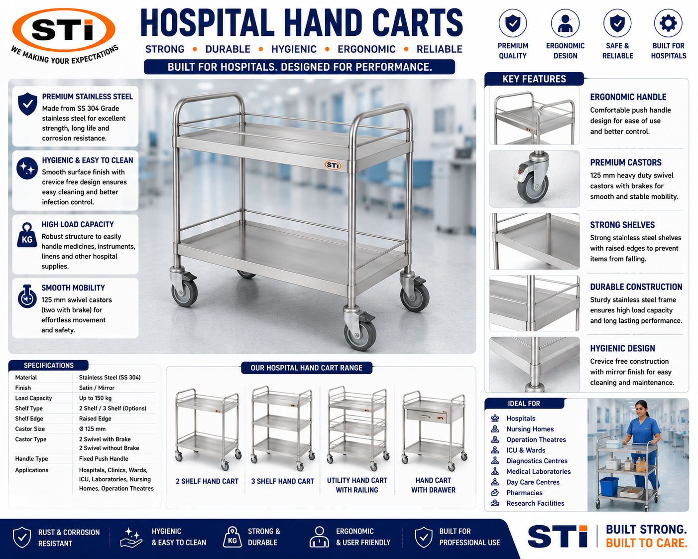STI Brand Hospital Hand Carts are engineered for hygienic and efficient transportation of medical equipment, Hosptals.