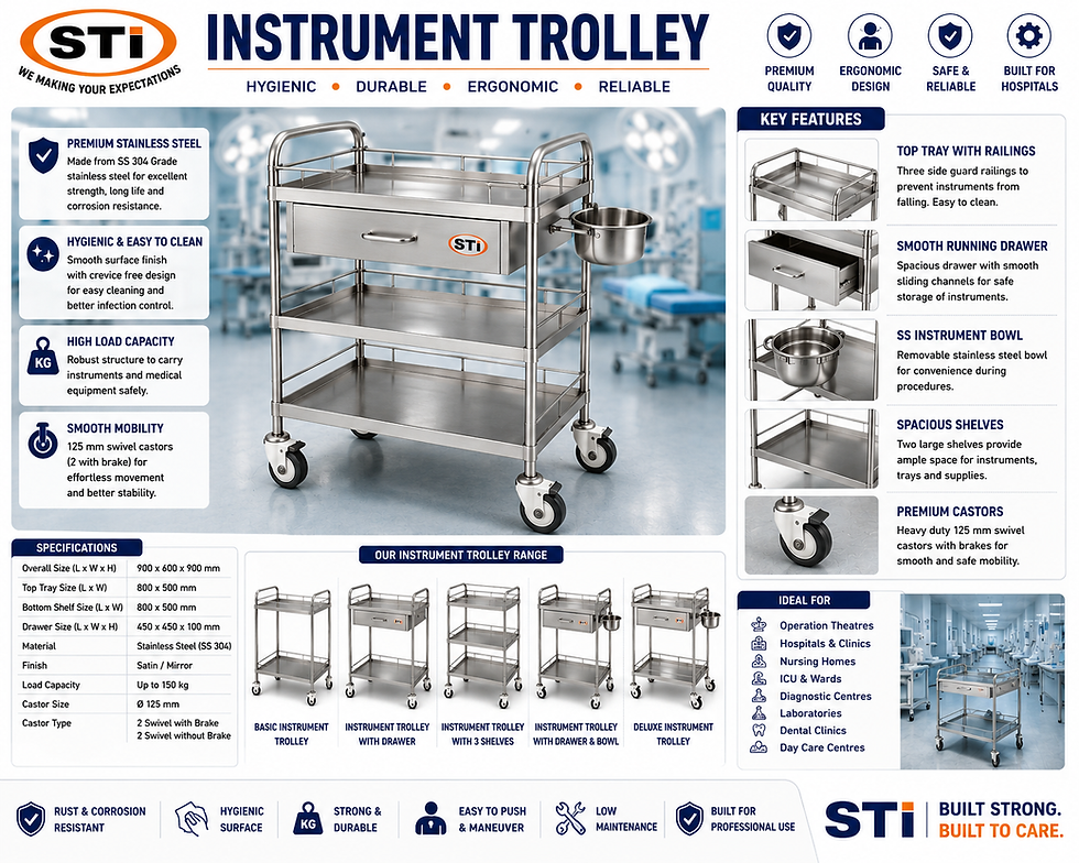 STI Brand Surgical Instrument Trolleys are manufactured using premium SS 304 & SS 316 stainless steel for hygienic, durable.
