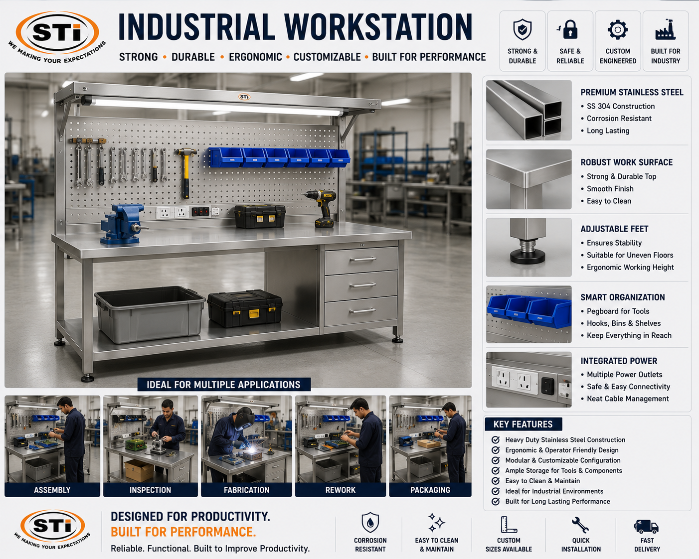 Our Industrial Workstations are manufactured using Mild Steel (MS), Powder-Coated Steel, Stainless Steel SS 304 and SS 316.