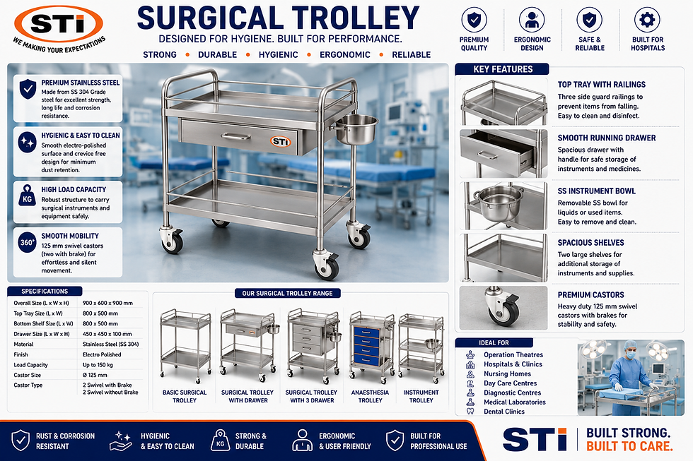 STI Brand Stainless Steel Surgical Trolley manufactured in SS 304 & SS 316 with instrument shelves, ergonomic handle.