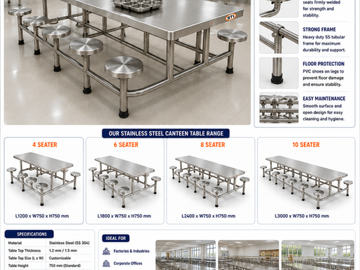 Heavy Duty Stainless Steel Canteen Tables Manufacturer, Supplier & Exporter in India | 4 Seater, 6 Seater, 8 Seater & 10 Seater Industrial Dining Tables by STI Brand | Sheetla Techno Industries