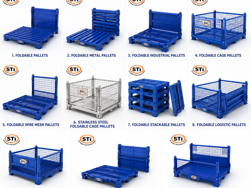 STI Brand is India's largest manufacturer, supplier and exporter of Foldable Pallets, Foldable Metal Pallets, Foldable Industrial Pallets, Foldable Cage Pallets, Foldable Wire Mesh Pallets, Stainless Steel Foldable Cage Pallets, Stackable Foldable Pallets and Warehouse Storage Pallets. Exporting premium quality storage and logistics pallets worldwide including USA, UK, UAE, Saudi Arabia, Germany, Australia, Europe and global markets.
