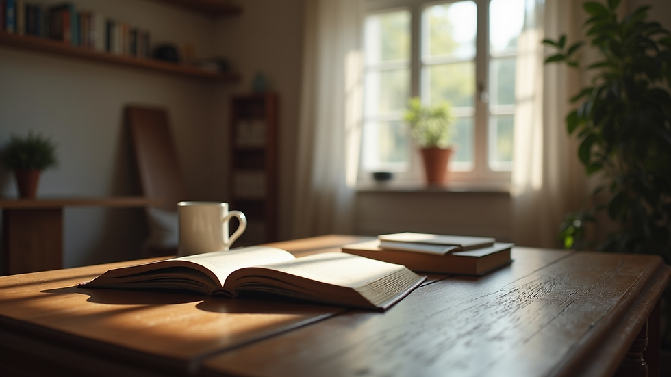 Eye-level view of a cozy study space with a desk and books