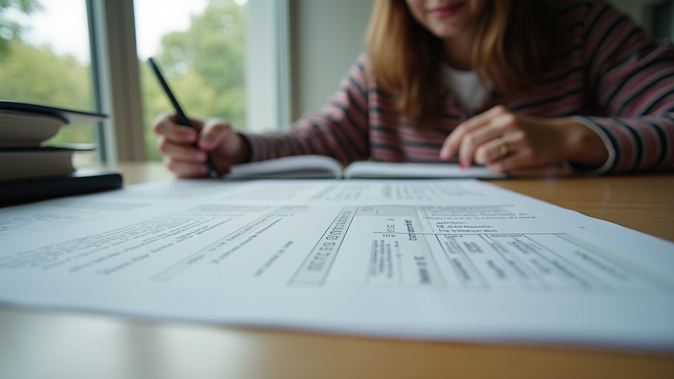 Eye-level view of a student studying with scholarship applications spread out on a table