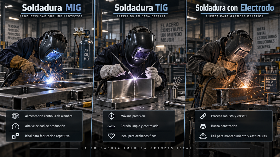 Comparación de procesos de soldadura MIG TIG y electrodo para aplicaciones industriales.