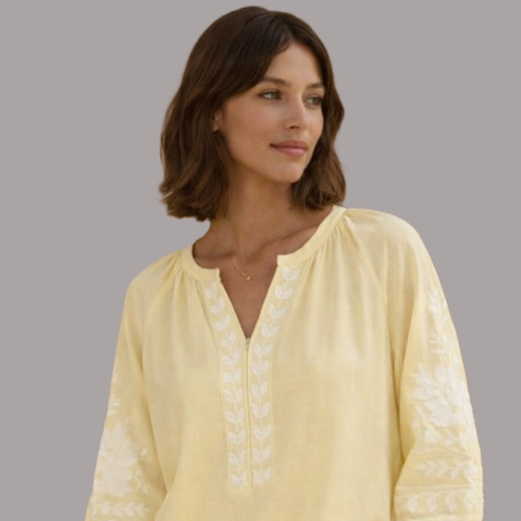 Lottie V-Neck Embroidered Top - Lemon