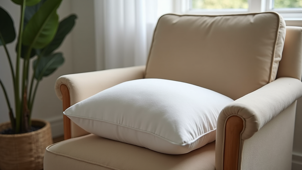 Close-up view of a breastfeeding pillow on a cozy armchair