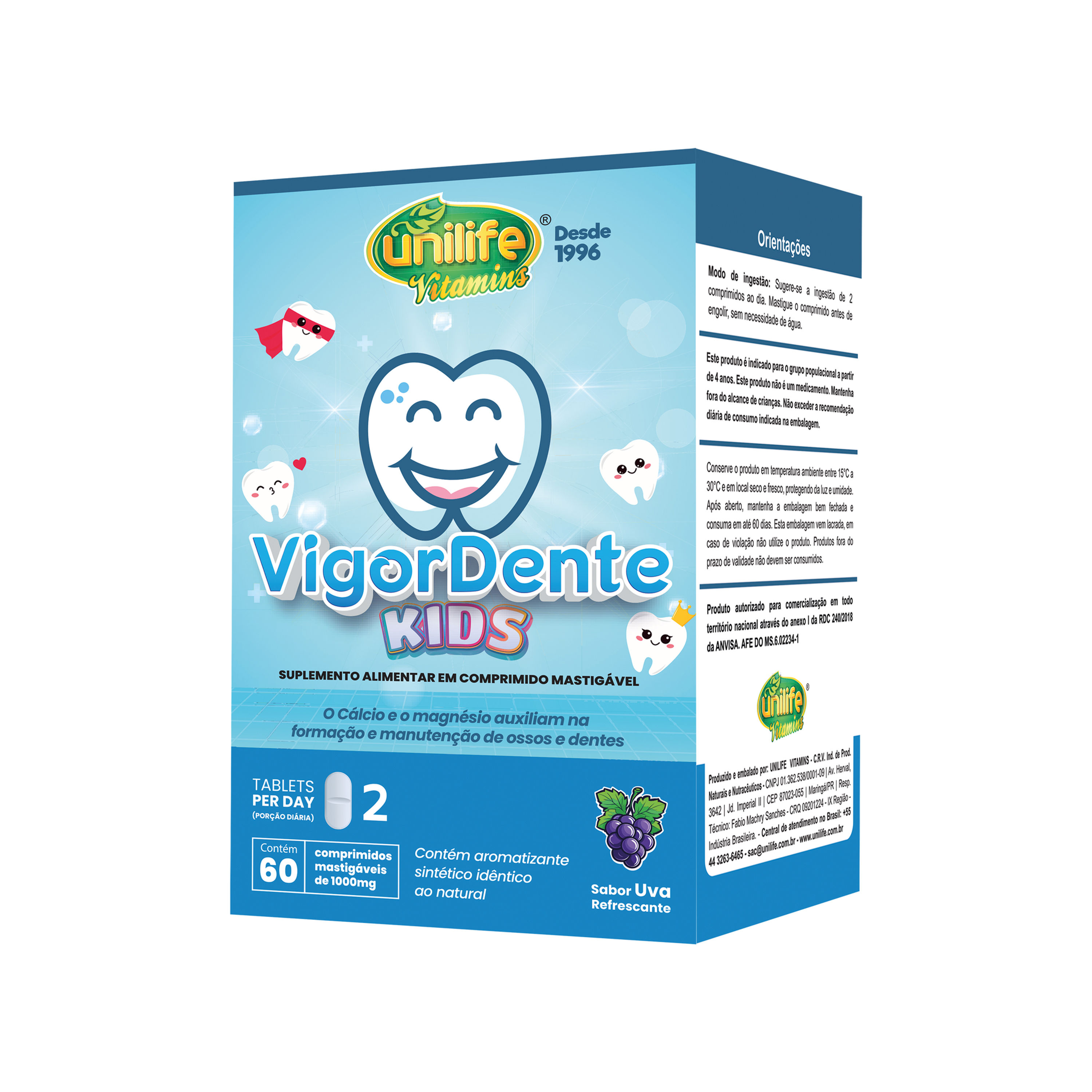 Vigordente Kids mastigável 60 comprimidos 1000mg - Sabor Uva | Unilife
