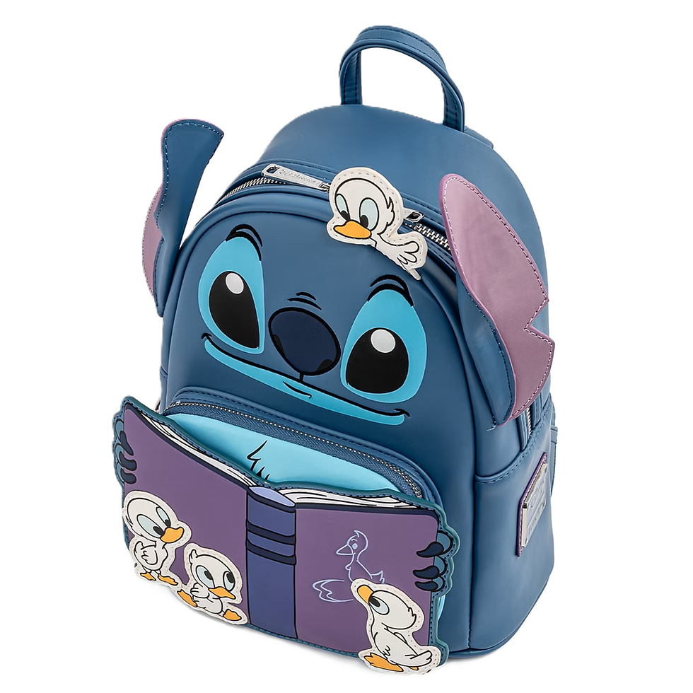 Side profile of Stitch Story Time Loungefly backpack with ducklings and soft pastel accents