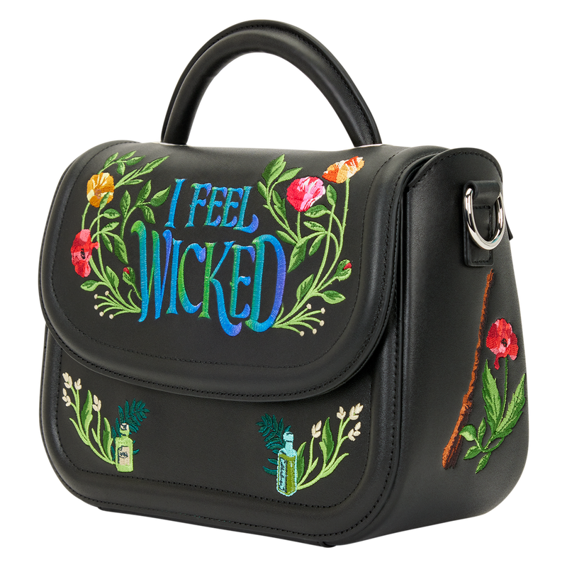 Side profile of Wicked-themed Loungefly bag showing embroidered foliage details