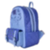 Side profile of Eeyore Loungefly backpack showing quilted front flap and molded butterfly charms