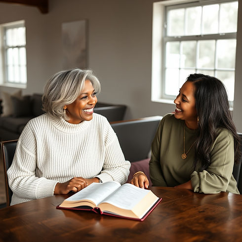 women sitting together smiling, listening to each other, bible on table.jpg