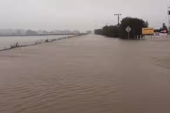 The flooded main road north of Clare near Jim Barry Wines in South Australia.(ABC)