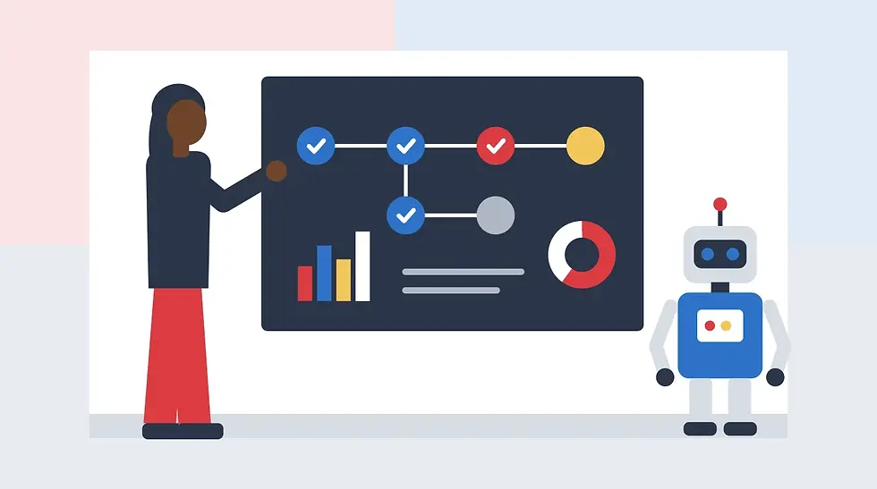 Illustration of a practice manager reviewing a live workflow dashboard next to an automation robot