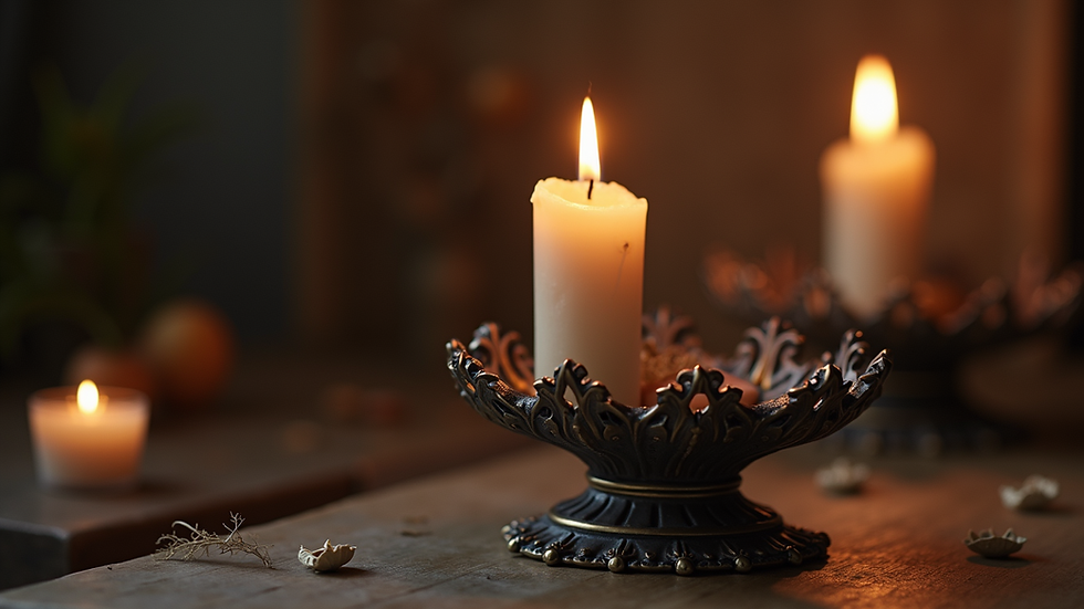 Eye-level view of a beautifully crafted gothic candle holder