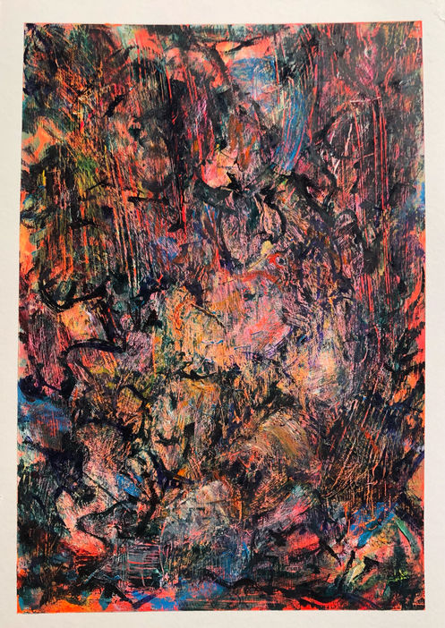 abstracted painting with orange and purple tones connected with black lines