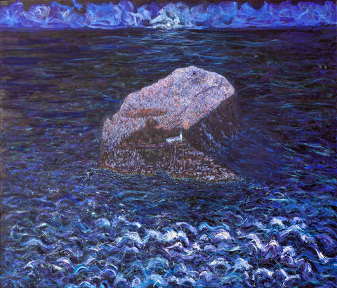 a stormy painterly landscape of bass rock in east lothian in the middle of the night