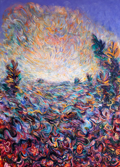 explosive abstract landscape on a sunny day with a bright light in the centre above a wavey mushroom connected landscape