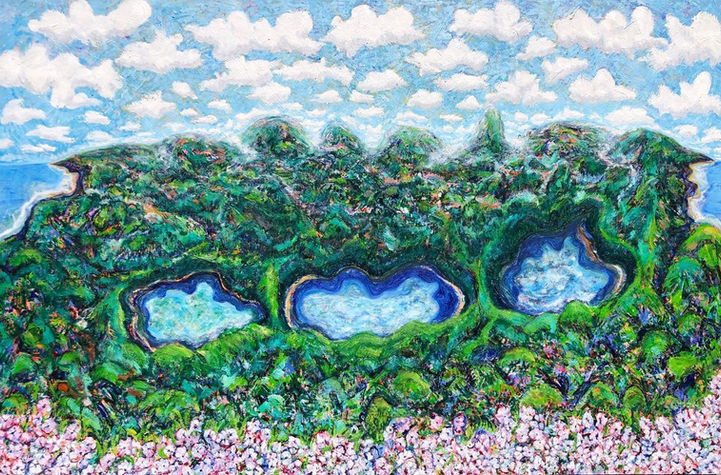 painting indicating landscape and lakes in the azores in a truly psychedelic manner defying the laws of psychics and nature the whole world appears to be floating