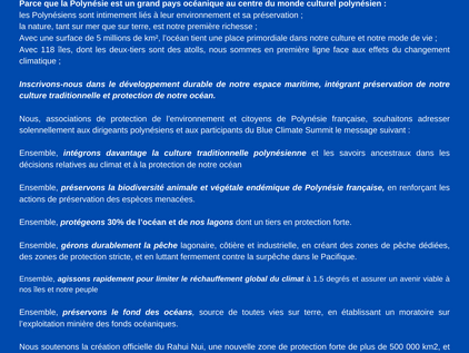 Le message des associations environnementales polynésiennes au Blue Climat Summit Tahiti