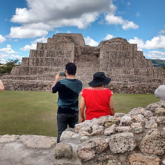 People at the pyramid of Cañada de la Virgen