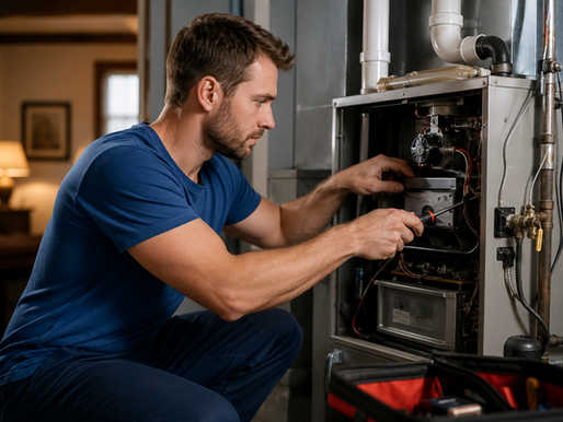 HVAC technician repairing a residential furnace during an emergency heating service visit