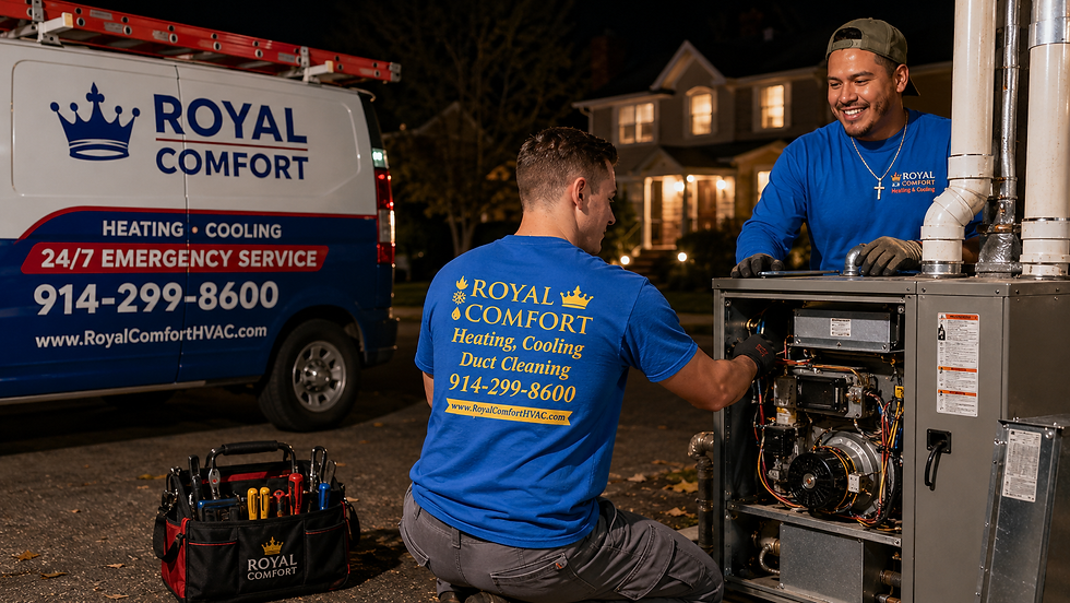 HVAC technician performing emergency furnace repair during a winter heating service call in a residential home in Westchester County, NY.